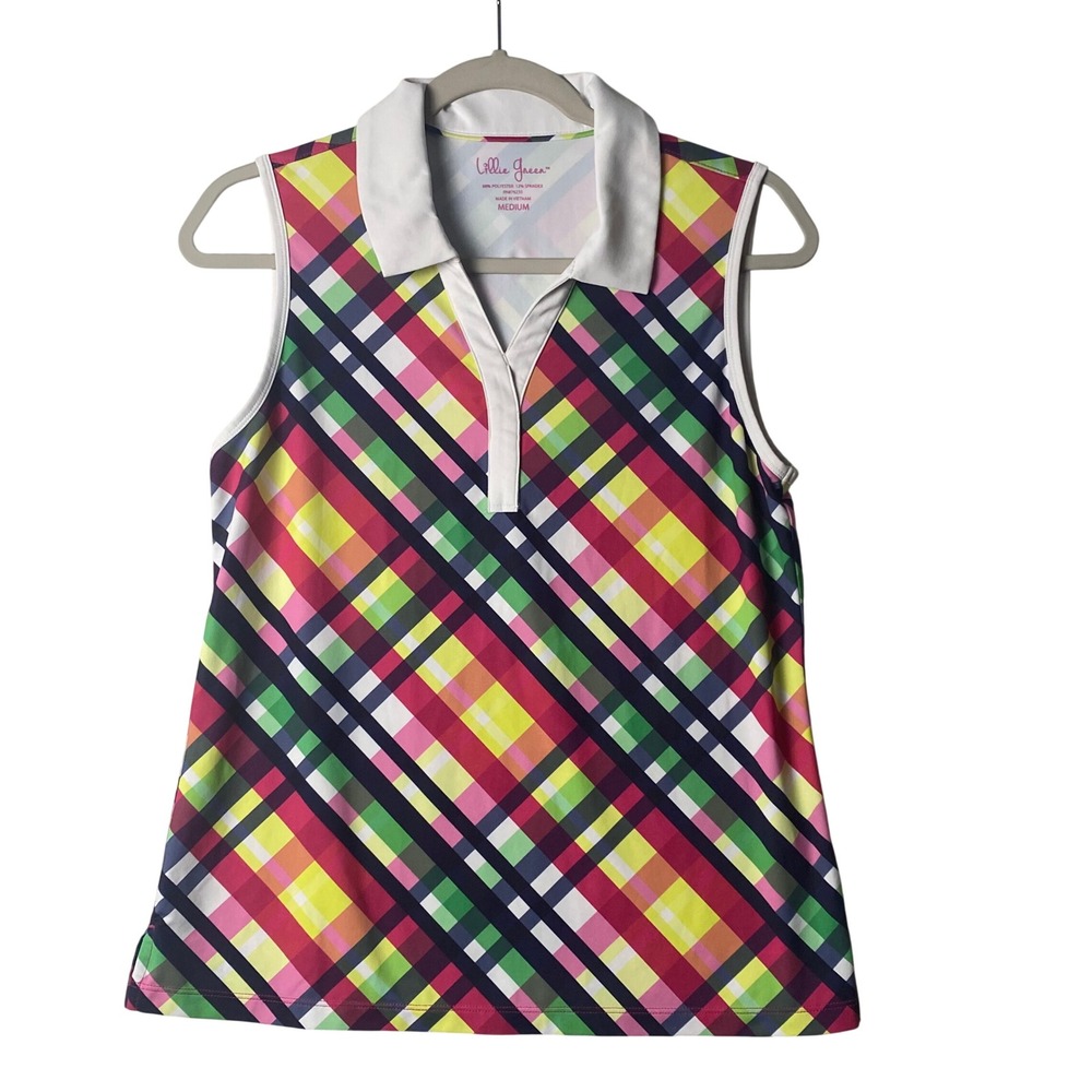 Lillie Green Womens Sleeveless Golf Polo Top Multi Color Plaid Medium Pulitzer